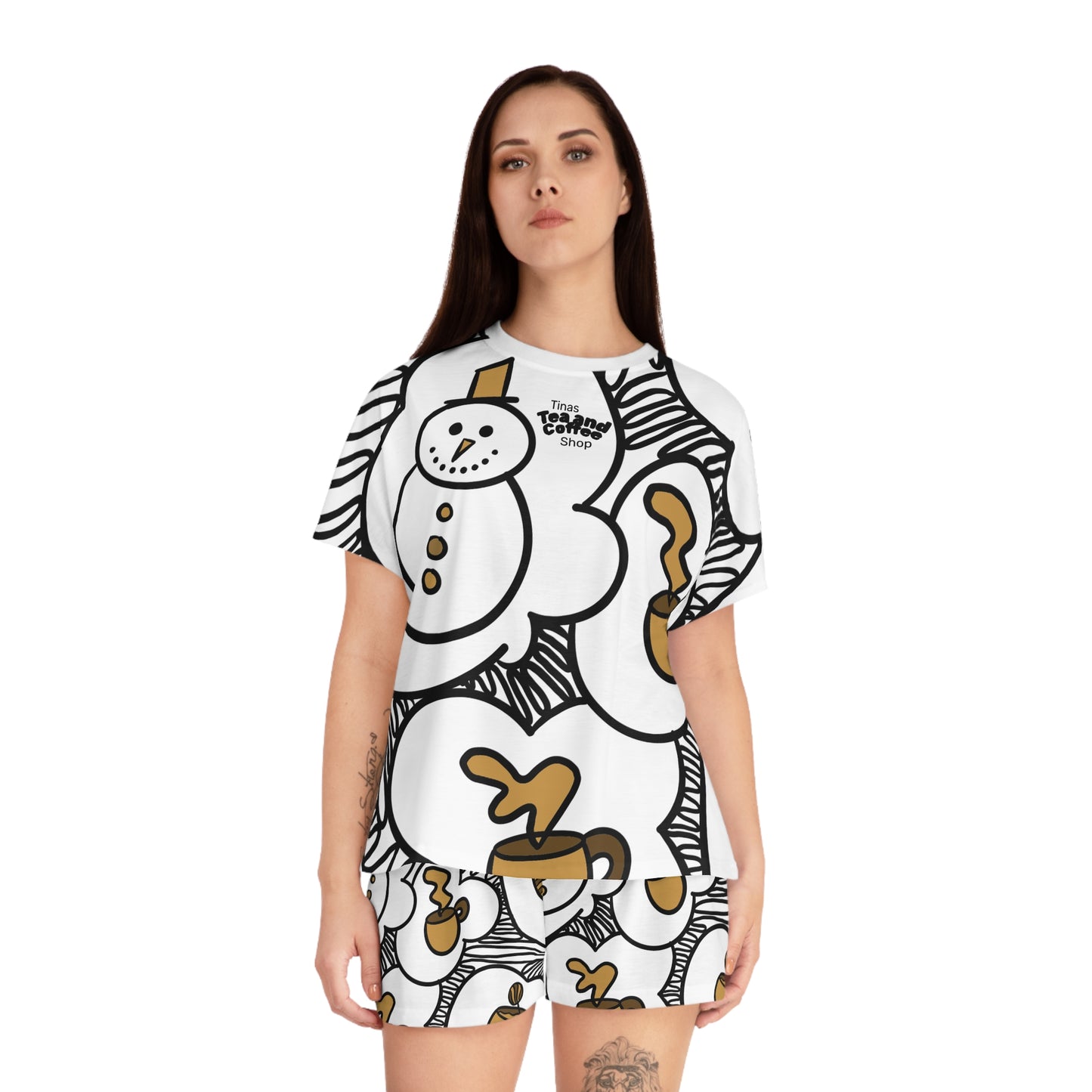 Tinas Coffee & Snowman Brown Pattern Pajama Set | Short Sleep Top and Shorts