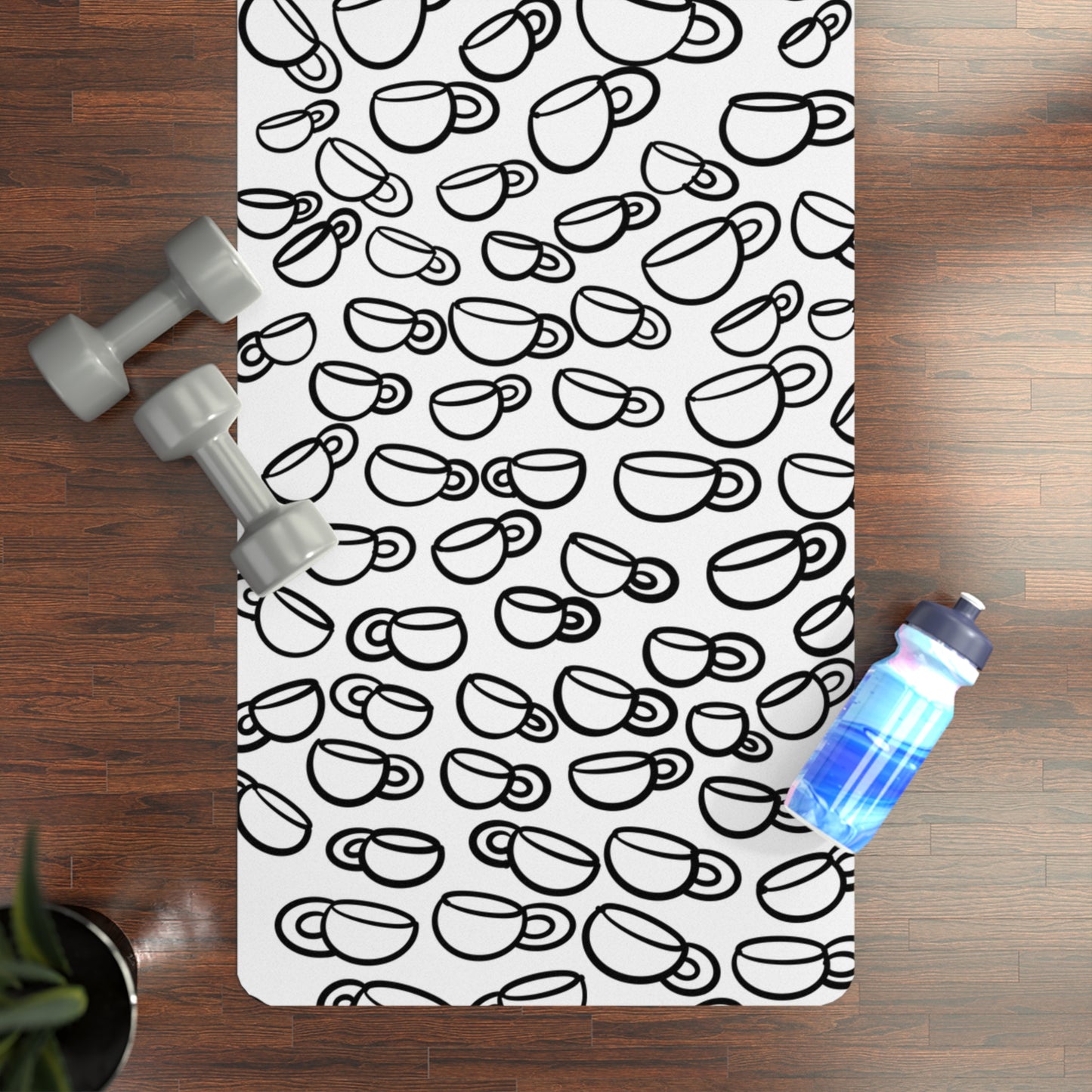 Coffee Cups Rubber Yoga Mat — "Morning Coffee then Yoga" Patterned Non-Slip Mat