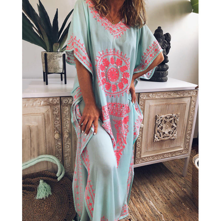 Boho Embroidered Loose Maxi Dress