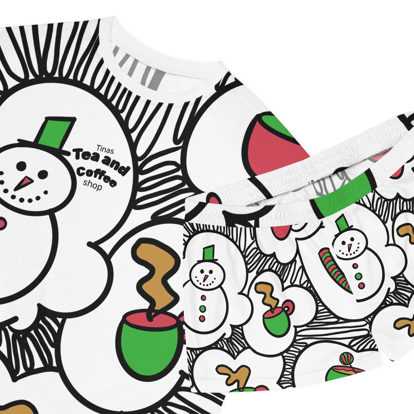 Tinas Festive Snowman Coffee Pattern Pajama Set | Short PJ Top and Shorts