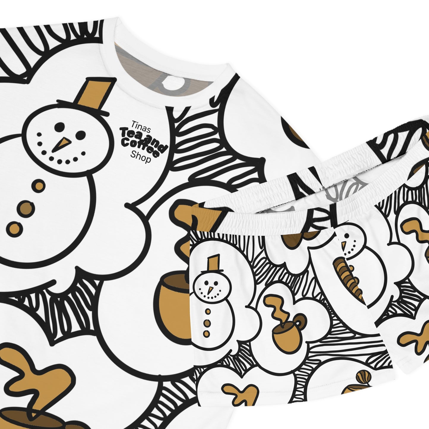 Tinas Coffee & Snowman Brown Pattern Pajama Set | Short Sleep Top and Shorts