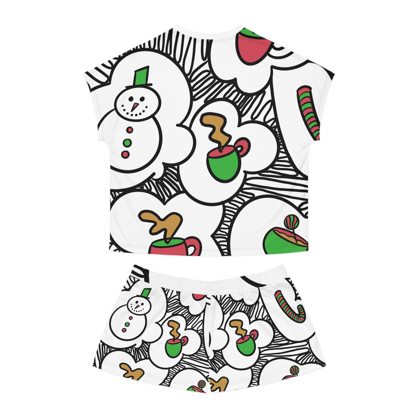 Tinas Festive Snowman Coffee Pattern Pajama Set | Short PJ Top and Shorts