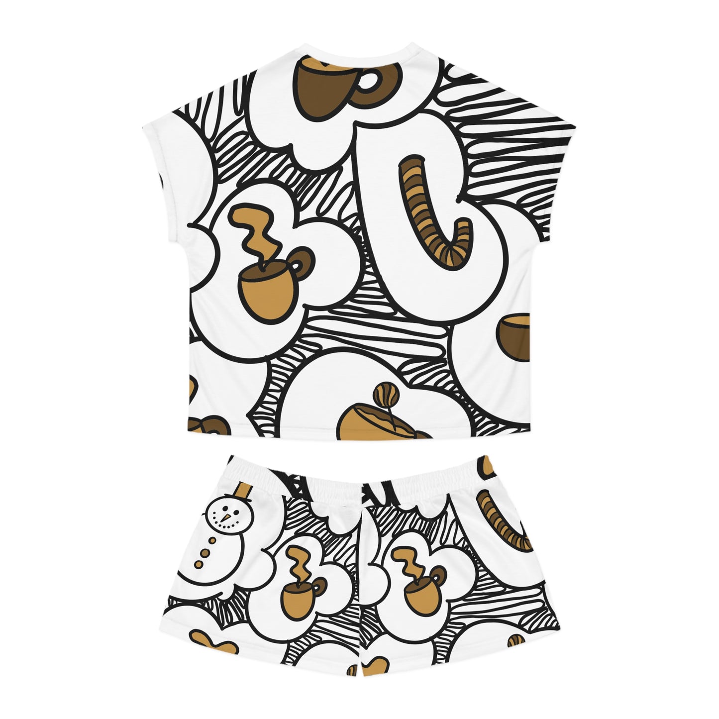Tinas Coffee & Snowman Brown Pattern Pajama Set | Short Sleep Top and Shorts