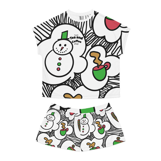 Tinas Festive Snowman Coffee Pattern Pajama Set | Short PJ Top and Shorts