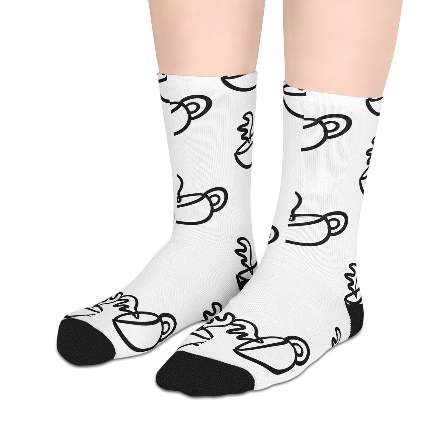 Minimal Coffee Cup Pattern Mid-length Socks | Black White Cafe Doodle