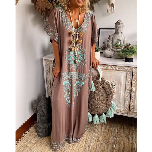 Boho Embroidered Loose Maxi Dress