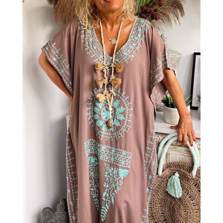 Boho Embroidered Loose Maxi Dress