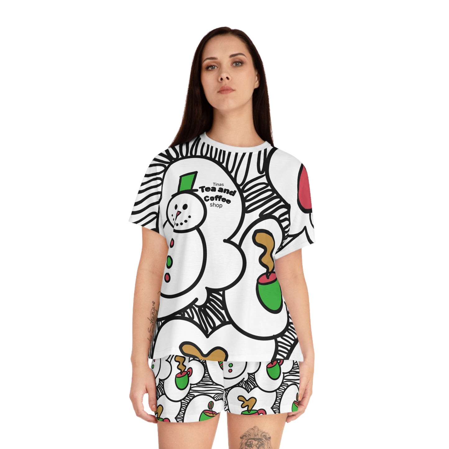 Tinas Festive Snowman Coffee Pattern Pajama Set | Short PJ Top and Shorts