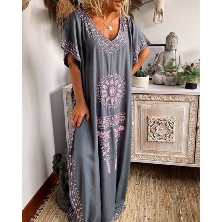 Boho Embroidered Loose Maxi Dress