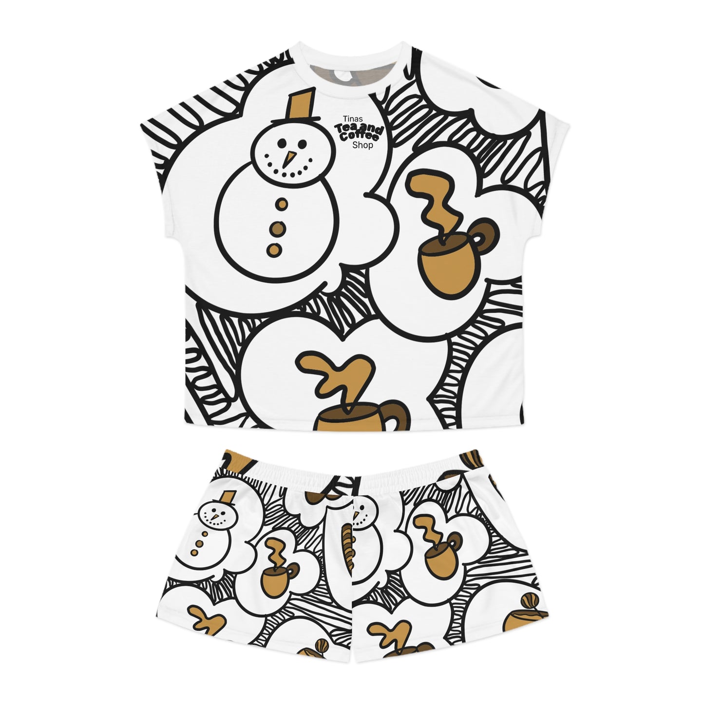 Tinas Coffee & Snowman Brown Pattern Pajama Set | Short Sleep Top and Shorts