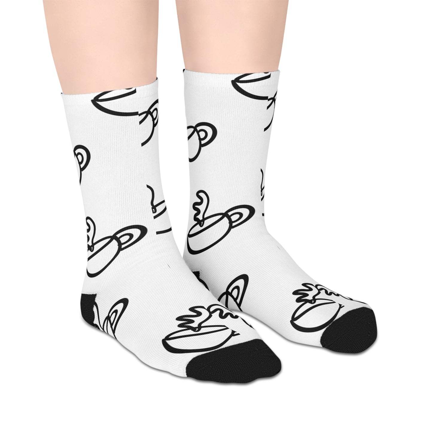 Minimal Coffee Cup Pattern Mid-length Socks | Black White Cafe Doodle
